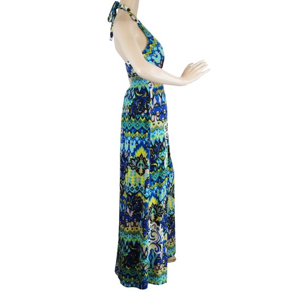 Bisou Bisou Blue Abstract Halter Maxi Dress - M, 6 - Boho Print, Stretchy, Trips - Picture 3 of 7